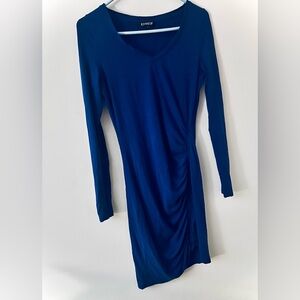 EXPRESS Long Sleeve Lightweight Dress With Side Ruching, Royal Blue, Small, EUC